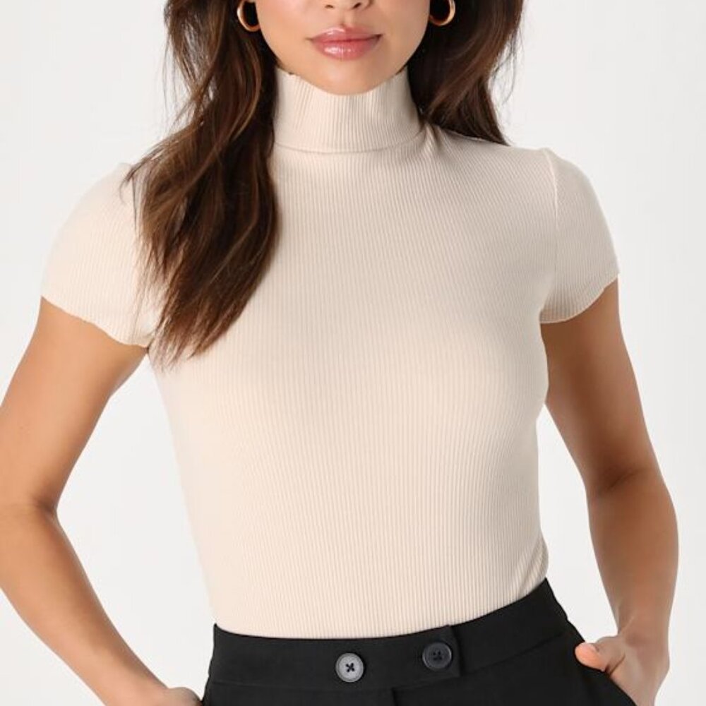 Lulus Never-ending Trend Cream Ribbed Mock Neck Bodysuit White - Size S